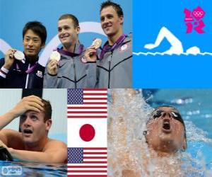 yapboz Yüzme Erkekler 200 metre sırtüstü podyum, Tyler Clary (ABD), Ryosuke Irie (Japonya) ve Ryan Lochte (ABD) - Londra 2012-